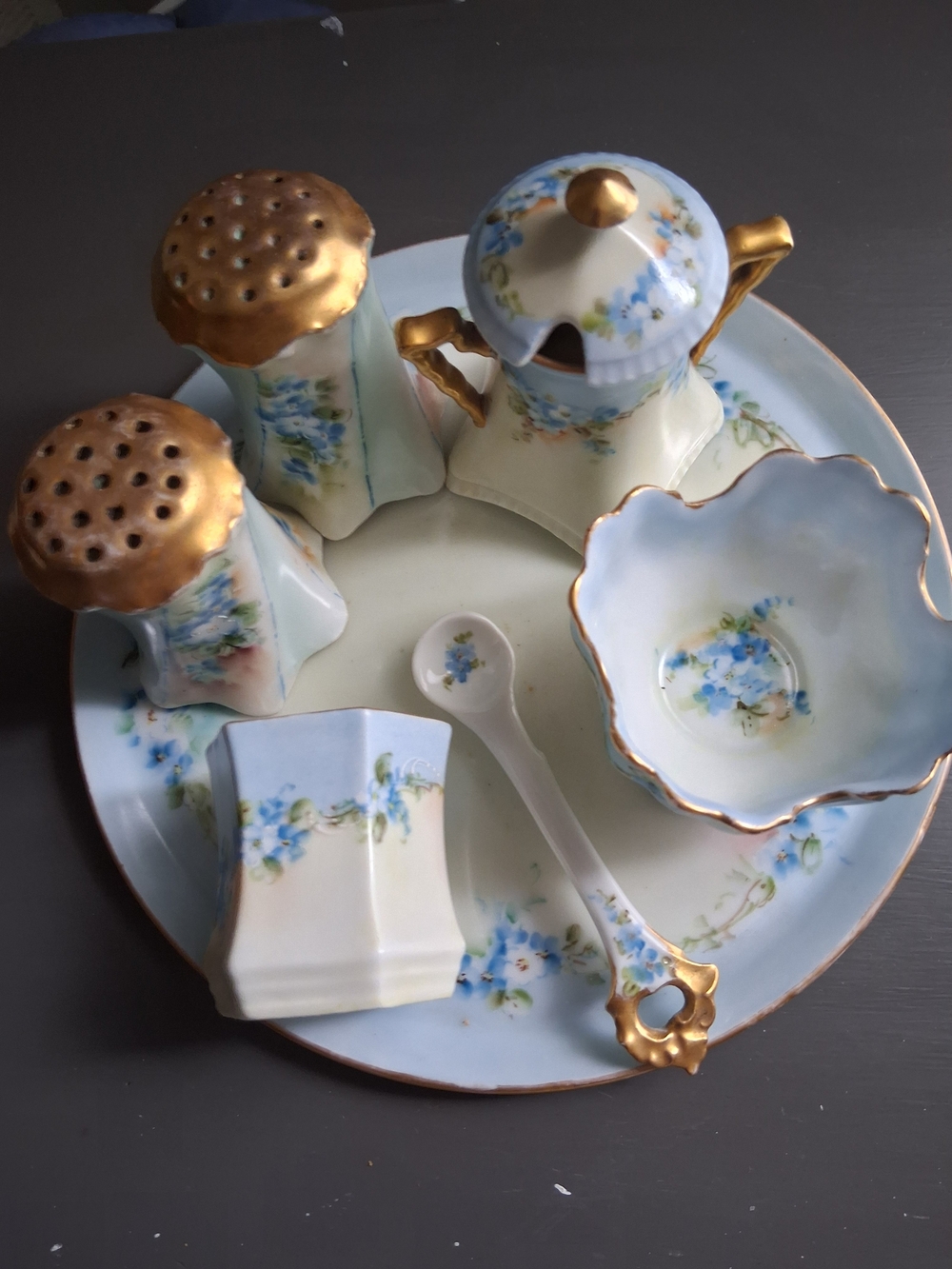 Porcelain Blue Floral Condiment Set with Gold Trim